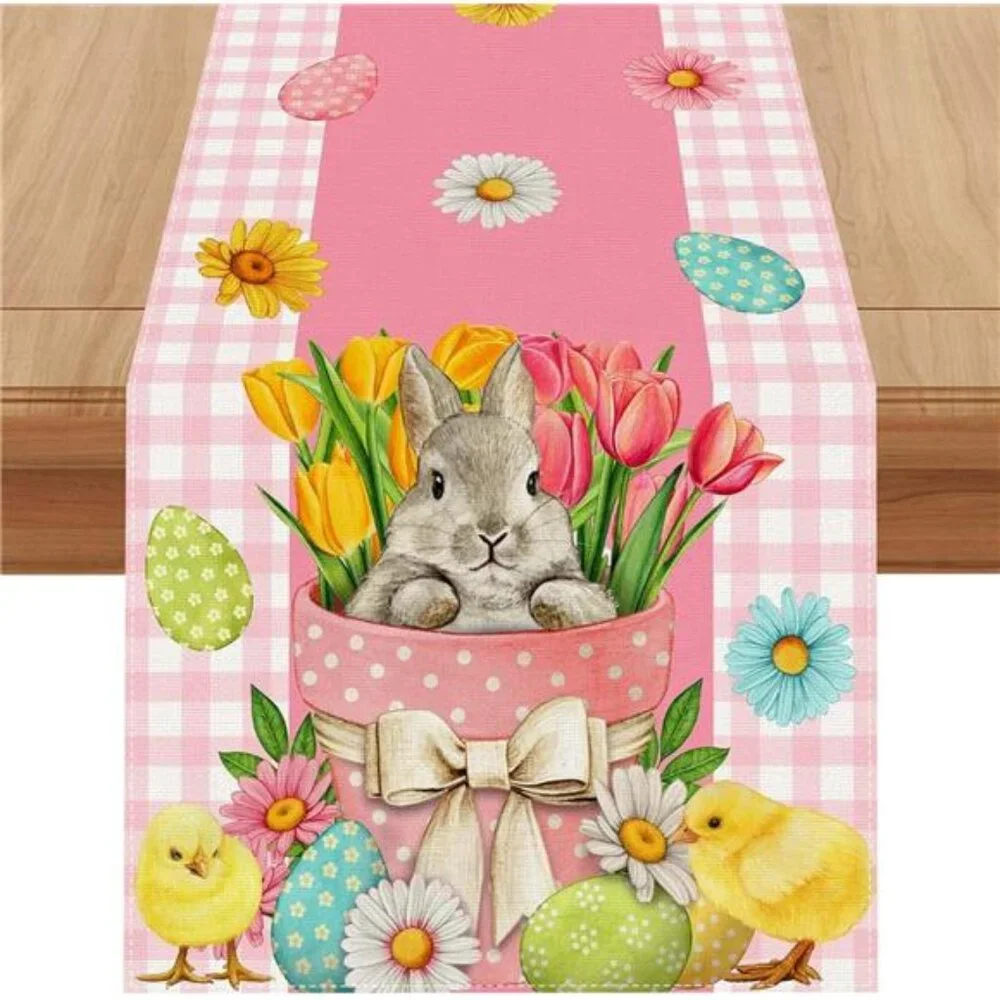 Linen Pink and White Buffalo Check Plaid Easter Table Runner 72 Inches Long